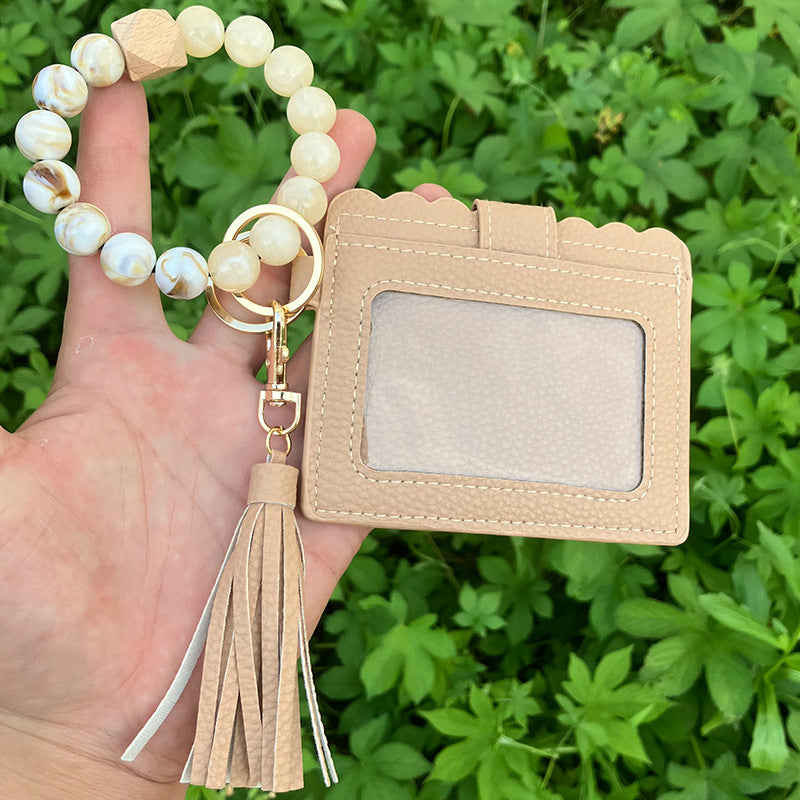 Wholesale Card Holder Pu Tassel Beads Bracelet Wallet Keychain